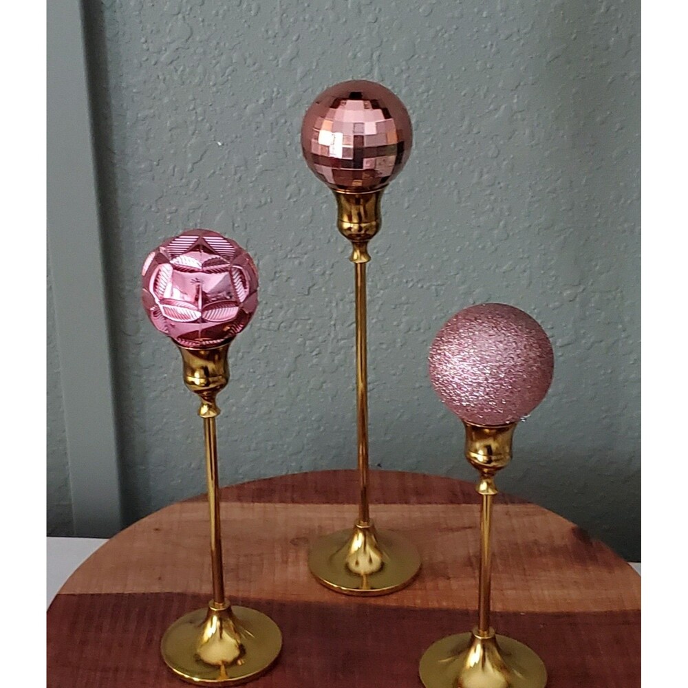 Pink Modern Gold Candlestick Trio Table Centerpiece Set, Graduated Hieghts